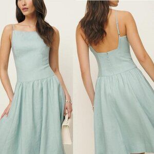 Reformation Clarabelle Linen Dress in Aquamarine 4 NWT